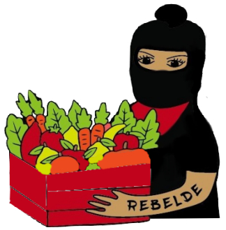 mujer del mercadito rebelde vestida de rebelde con una caja de verduras